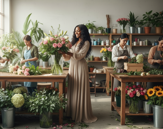 sexy brown balck florist designing flowers, middle part w ig 30 inches, thin waist beuatifully smile, surrounded. by hard working florist 